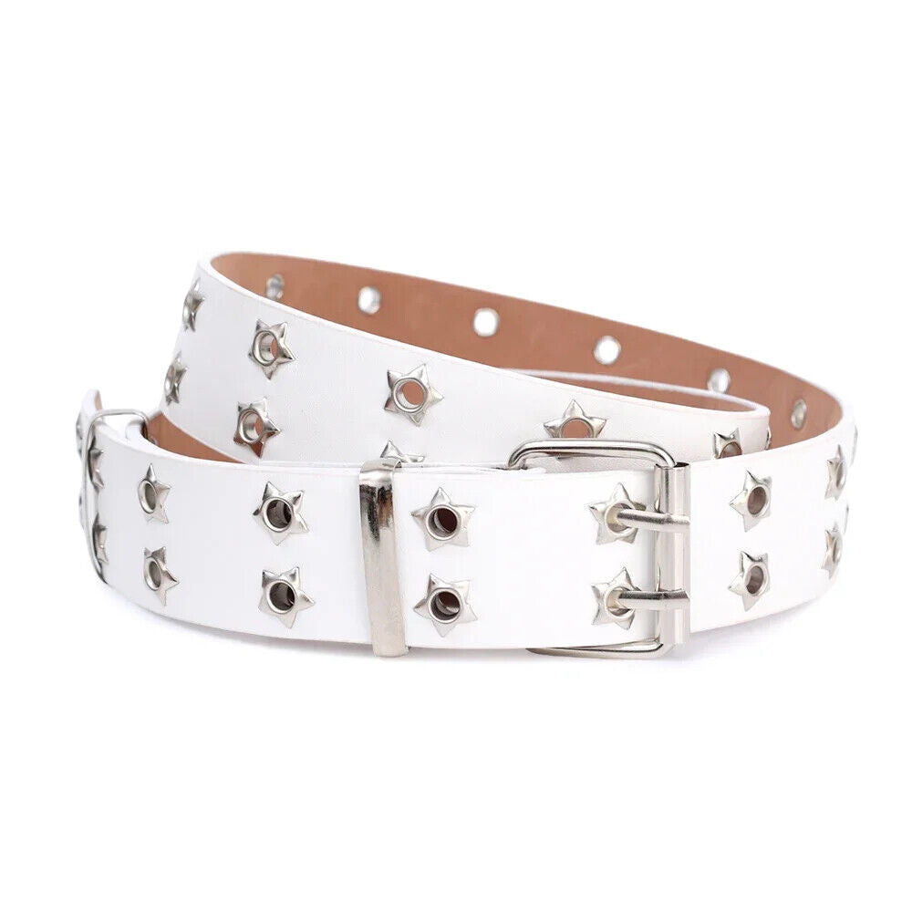 Women Belt Pu Leather Star Eye Rivet Punk Hollow Double Pin Buckle Men Waistband
