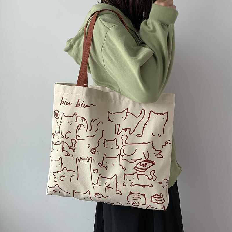 Canvas Bags Handbag Cute Cat Tote Bag Zipper Designer Cartoon Small Shoulder Bag
