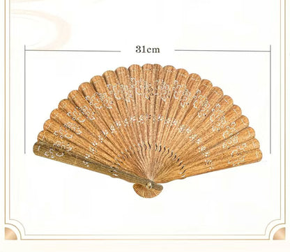 Green Sandalwood Suzhou Fan Hollow Cherry Blossom Folding Fan with Stand
