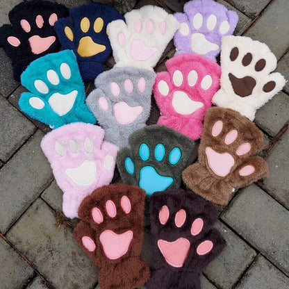 Women Fingerless Gloves Plush Fluffy Cat Paw Claw Panda Mittens Warm Winter Wear