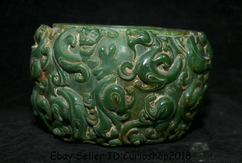 7" Rare Old Chinese Natural Green Jade Carved Dynasty Dragon Beast Pot Jar Crock