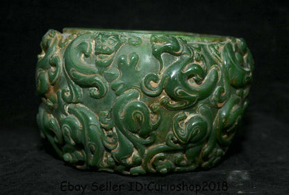 7" Rare Old Chinese Natural Green Jade Carved Dynasty Dragon Beast Pot Jar Crock
