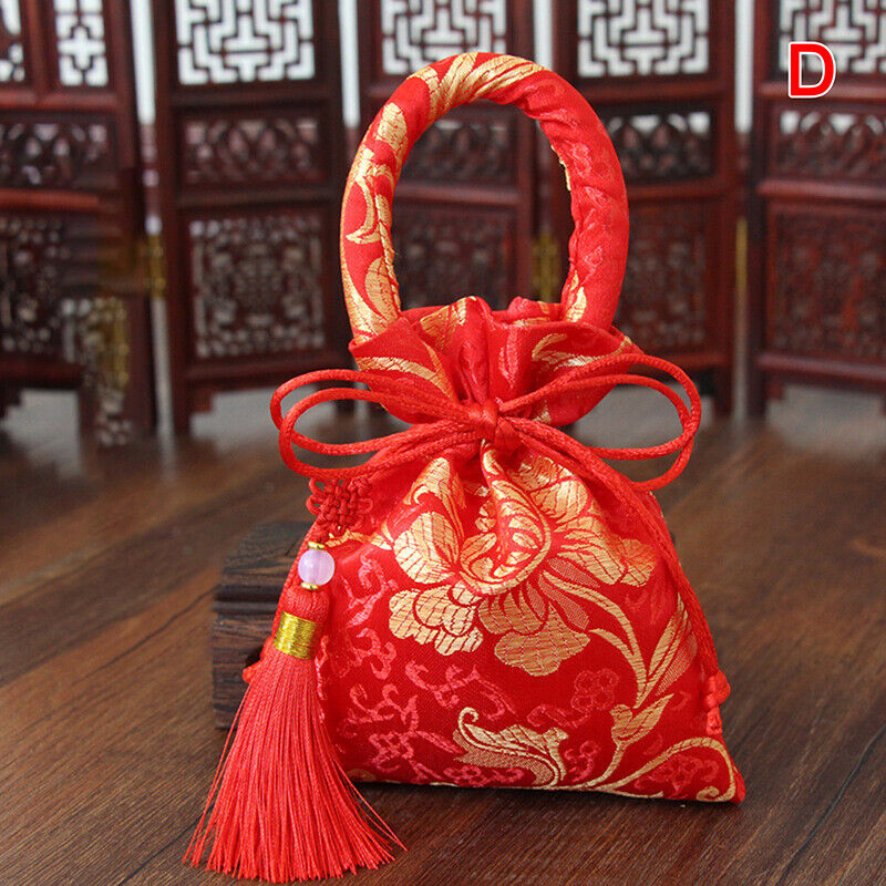 14x11cm Portable Brocade Wedding Candy Bag Package Bag Drawstring Red Candy BN8