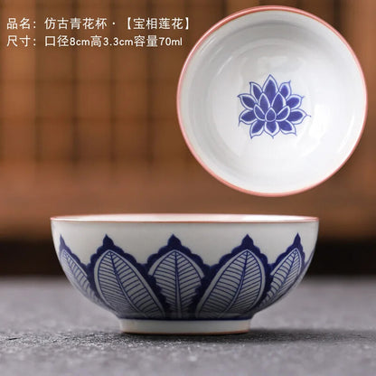 Blue and White Porcelain Tea Cups Retro Fish Dargon Master Cup Puer Tea Bowl