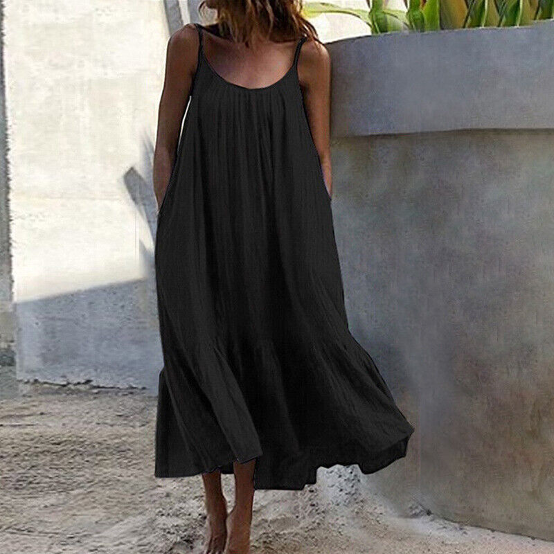 Womens Summer Sleeveless Loose Dress Beach Slip Sundress Swing Baggy Solid Color