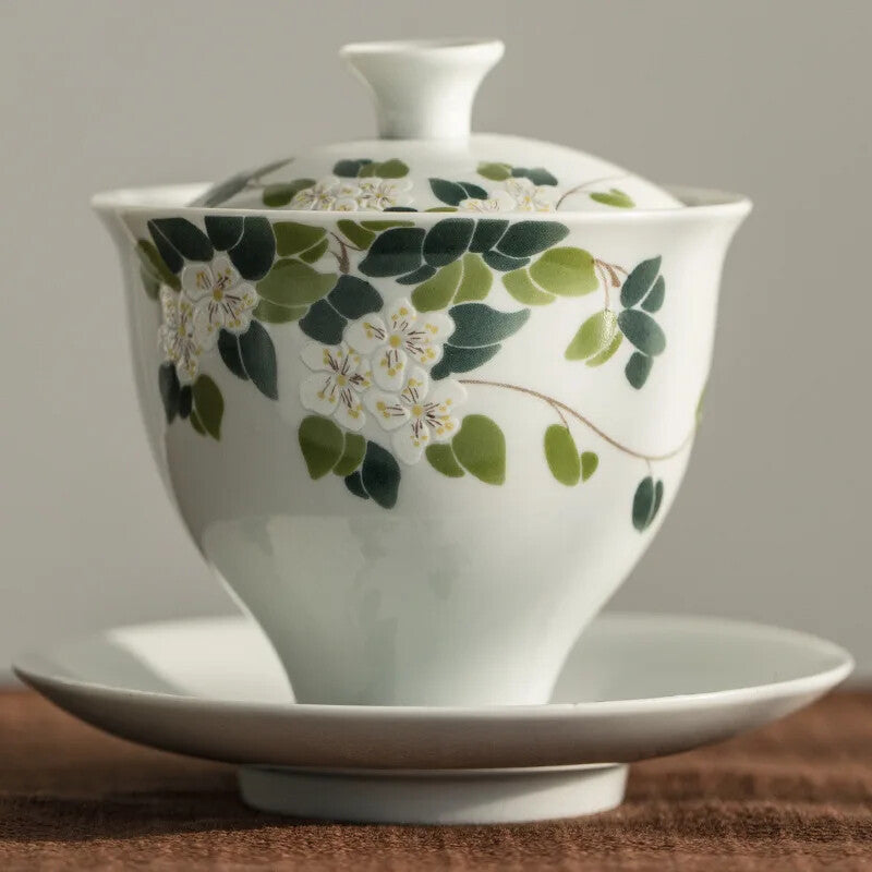 Ceramic Handmade Tureen Kung Fu Tea Set Bowl Cup Chrysanthemum Pattern Gaiwan