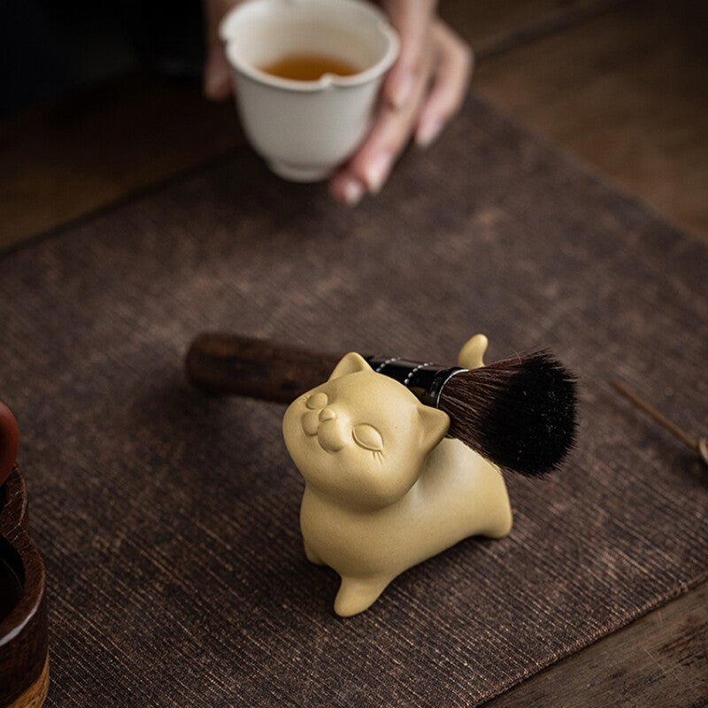 Multi Functional Tea Pet Cat Statue Yixing Zisha Purple Clay Holder for Lid New