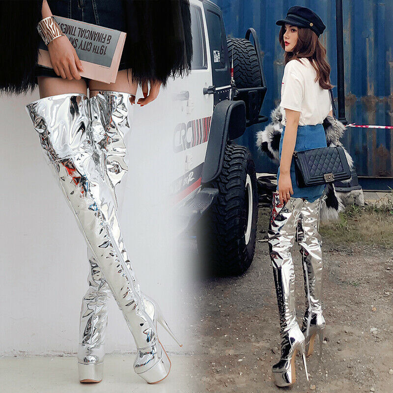 16CM High Heel Platform Round toe Zipper Over the Knee Thigh Crotch High Boots