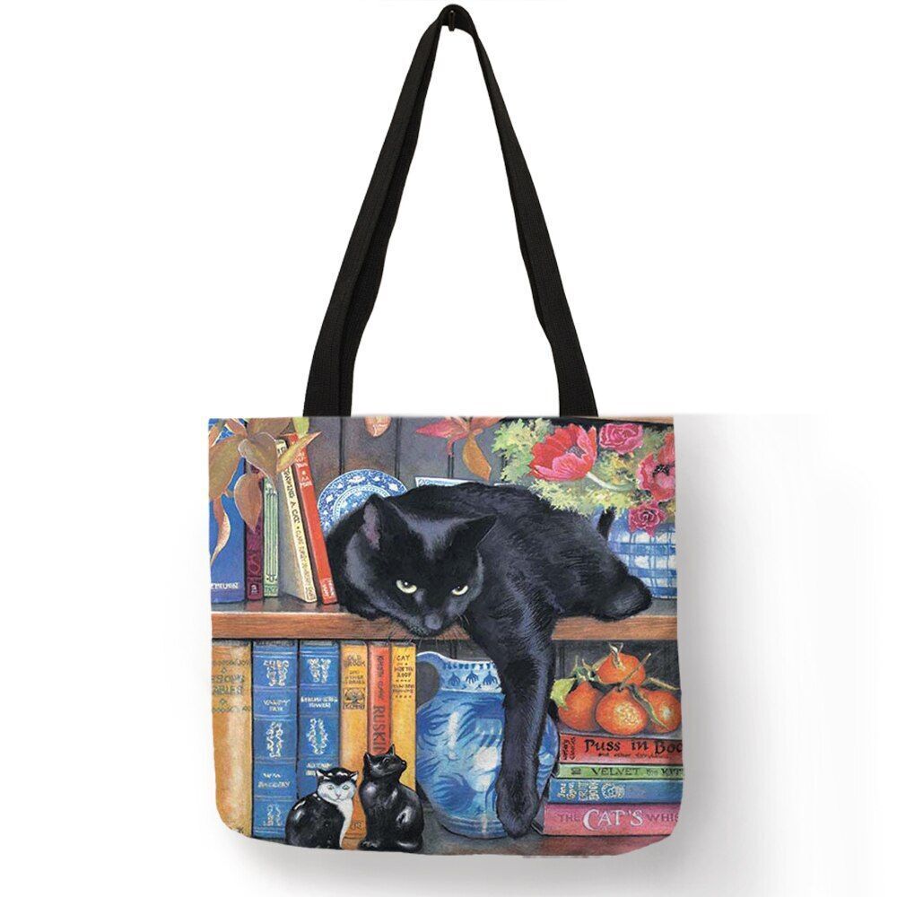 Cat Print Tote Bag Linen Reusable Shopping Bag Oil Painting Shoulder Shopper Bag