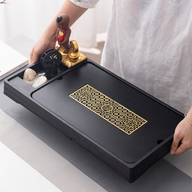 Black Stone Tea Tray Creative Serving Tray Zen Style Water Fluid Tea Boat 54cn