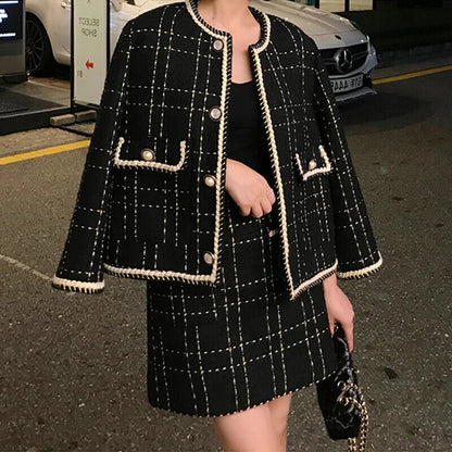 Plaid Tweed Jacket Coat + Mini Skirt Set Women 2 Piece Set Outfits Tracksuit