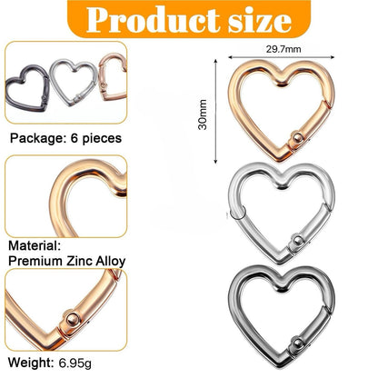 6-Pack Gold Heart Carabiner Clips, Cute Keychain Accessories for Backpacks & Hi