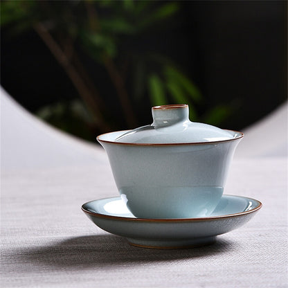 Ru Kiln Gaiwan Tea Cup Ice Crack Glaze Sky Blue Retro Sancai Kung Fu Tea Bowl
