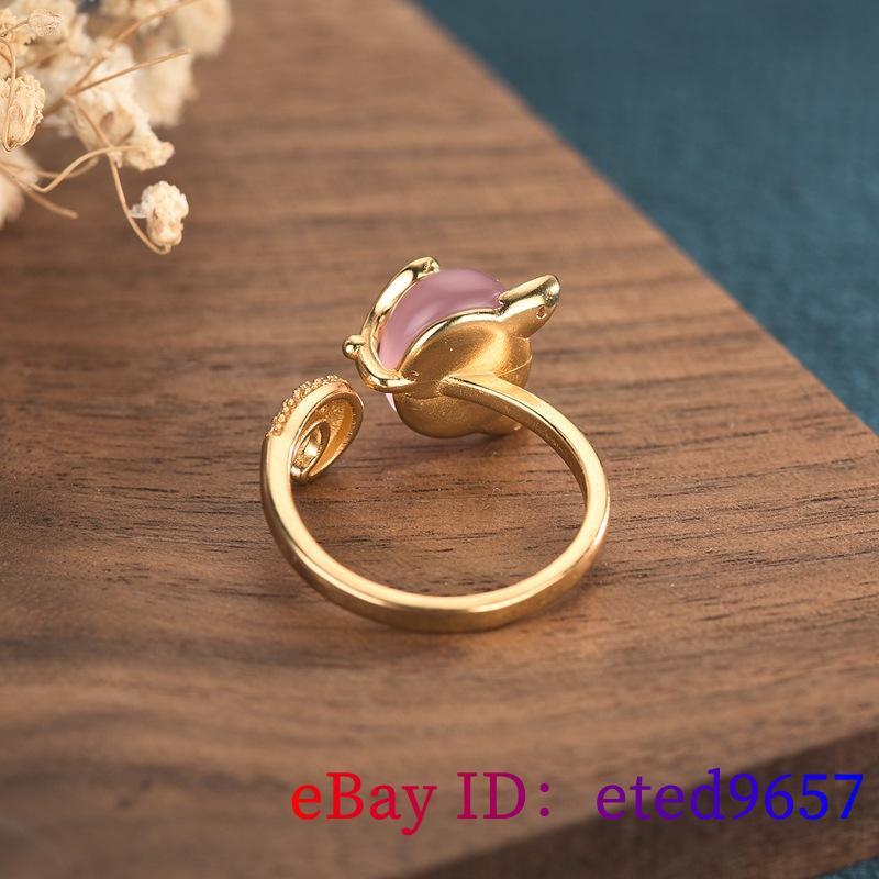 Pink Jade Fox Ring Natural Adjustable Ring Fashion Ladies Jewelry 925 Silver -