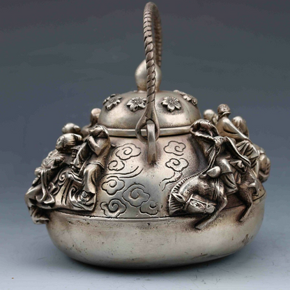 DELICATE CHINESE TIBET SILVER COPPER HANDWORK CARVED EIGHT IMMORTALS TEAPOT