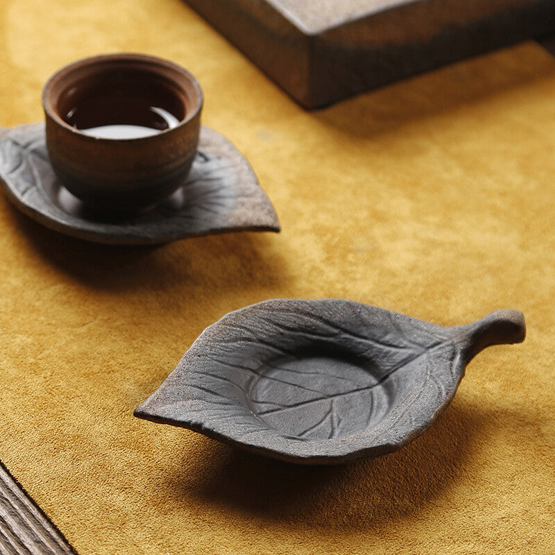 One Saucer For Tea Cup Crude Pottery Chinese Coaster Leaf Shape Design Cup Mat