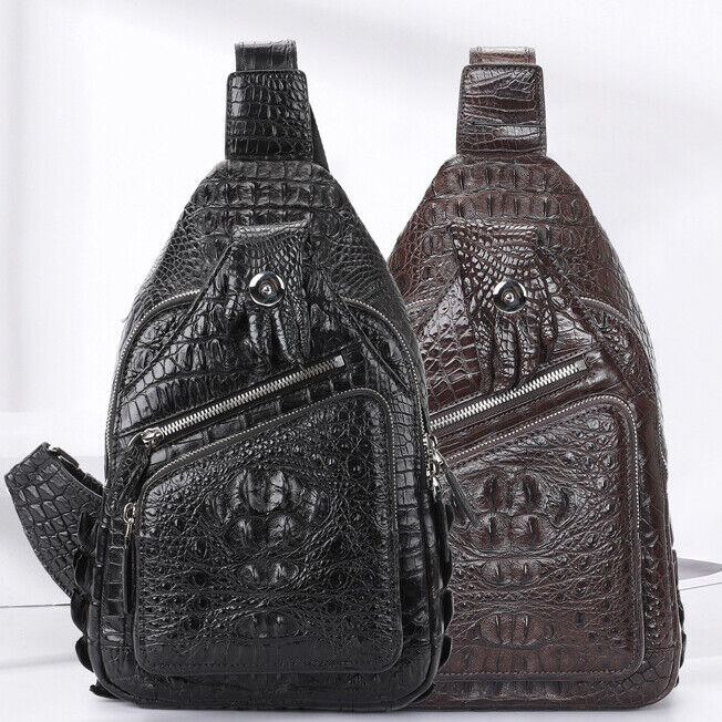 Handcrafted Nile Crocodile Skin Leather Crossbody Chest Bag Men's Sling Backpack