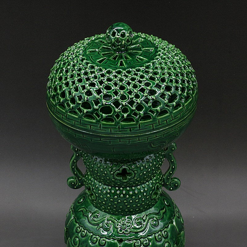 Chinese Antique Porcelain Emerald Green Glaze Hollow Rotating Incense Burner