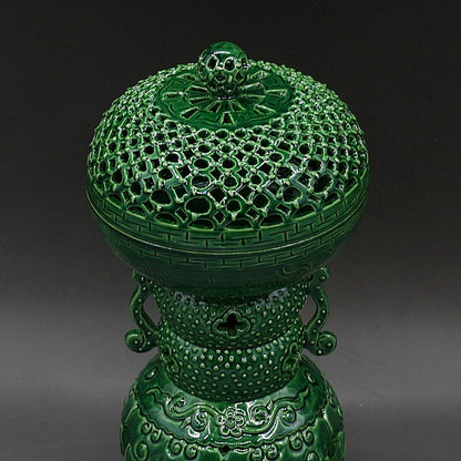 Chinese Antique Porcelain Emerald Green Glaze Hollow Rotating Incense Burner