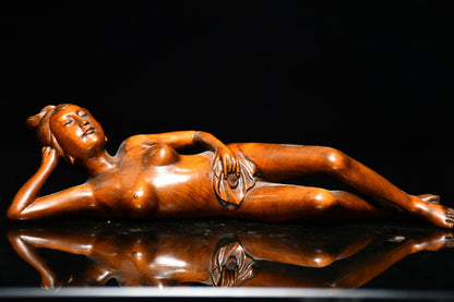 Chinese Antique Boxwood Carved Beautiful Woman Statue Sexy Sculpture Home Decor