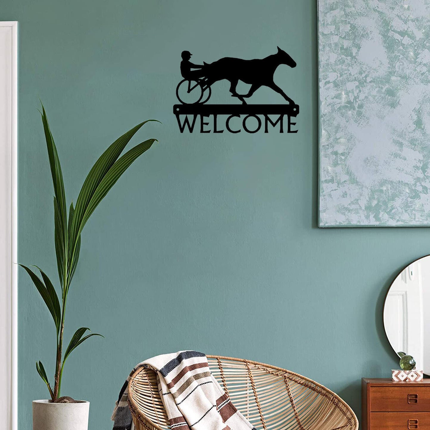 Sulky Horse Racing Welcome Sign - 12 inch Wide Metal Wall Art
