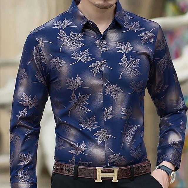 Moda Camisa Para Hombre de Vestir Mangas Largas Hojas de Arbol Ropa Fina