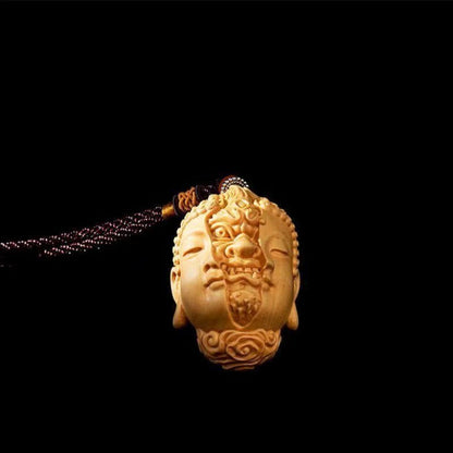 Boxwood Carved Buddha Devil Head Pendant Wooden Sculpture Statue Decor
