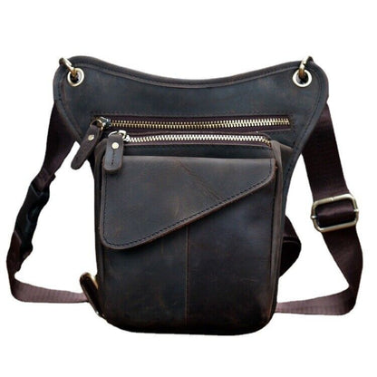 Mens Motorcycle Crazy Horse Leather Drop Leg Bag Tactical Thigh Waist Fanny Pack