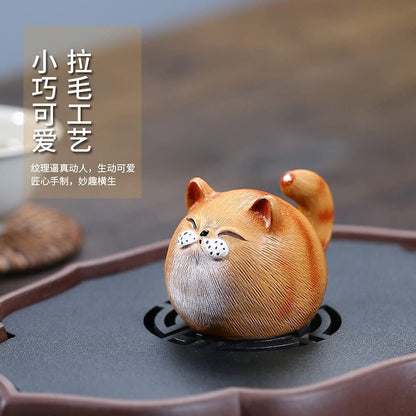 4.8cm Yixing Purple Clay Cat Tea Pet Kung Fu Tea Decor Tea Tray