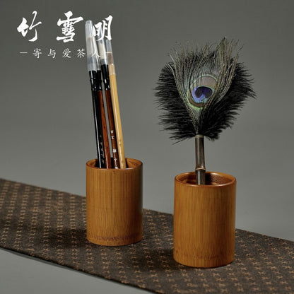 Vintage Bamboo Tea Canister Brush Holder Desk Organizer 7x10cm