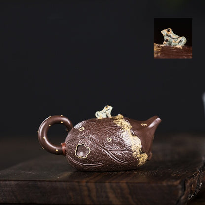 Yixing Zisha Purple Clay Pottery Handmade Tea Pot Frog Lotus Carved True Puer