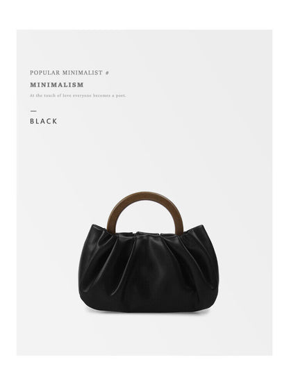 Girls Wooden Handle Pleated Cloud Shoulder Bag Handbag Messenger Mini Bag