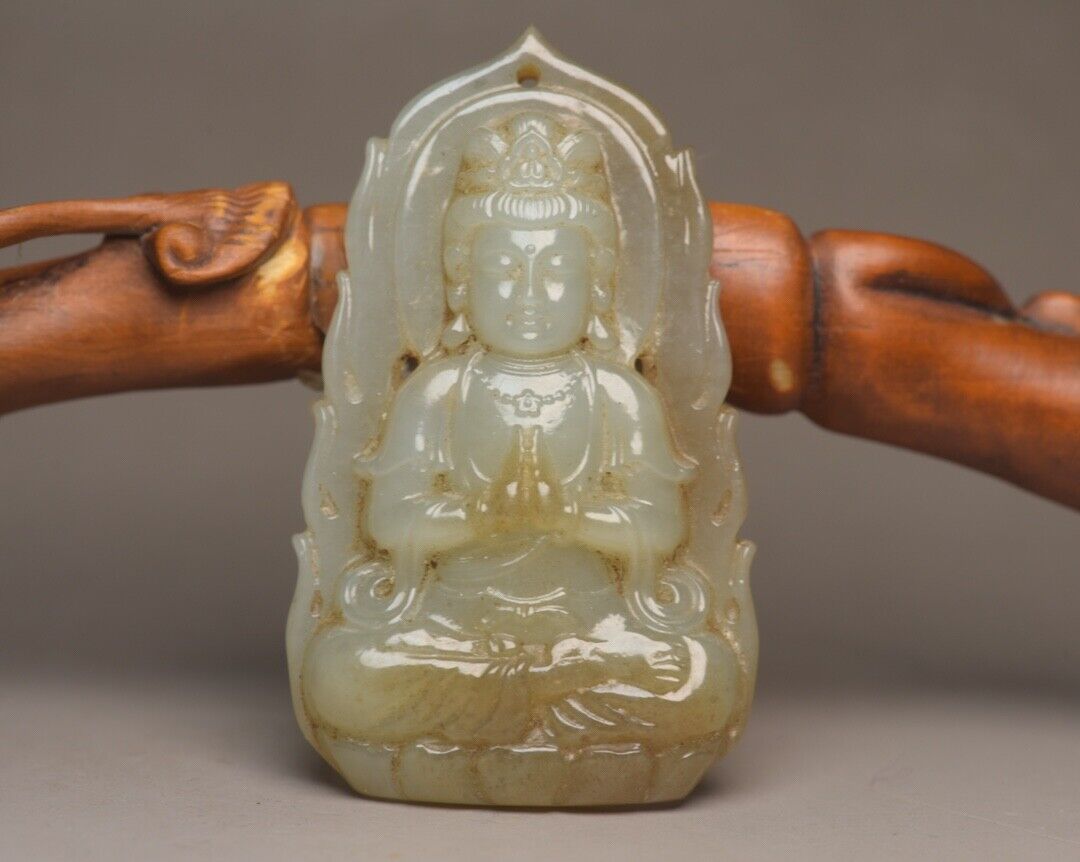 Chinese Natural Hetian Jade Carved Kwan Yin Statue Good Luck Pendant Amulets Art