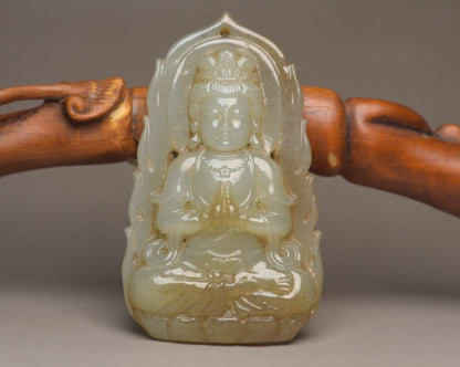 Chinese Natural Hetian Jade Carved Kwan Yin Statue Good Luck Pendant Amulets Art