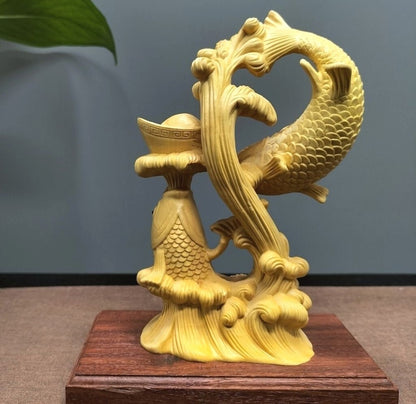 5.5" Boxwood Carved Carp Fish Igot Statue Feng Shui Wealth Home Ofiice Decor