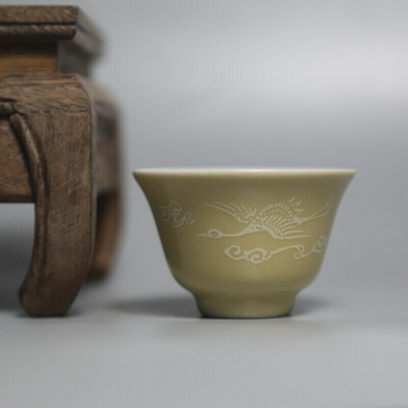 2.6 inch Chinese Jingdezhen Yellow Glaze Porcelain Crane Design Teacup Cup
