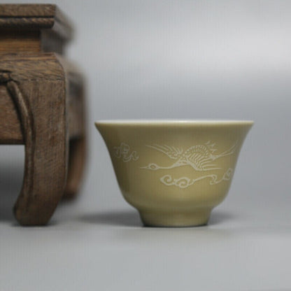 2.6 inch Chinese Jingdezhen Yellow Glaze Porcelain Crane Design Teacup Cup