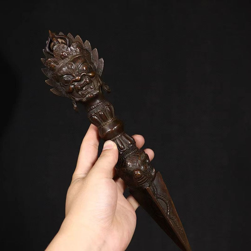 12" Tibetan bronze Gilt Horse head Mahakala Buddha Vajra Phurpa Dagger equipment