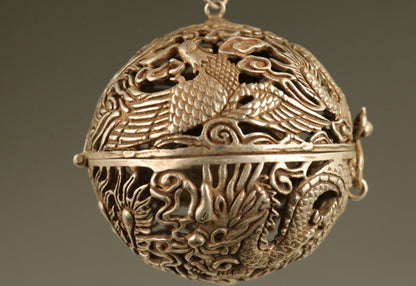 Tibet-Silver Old Copper Hand Carved Dragon Phoenix Statue Incense Burner Buddha