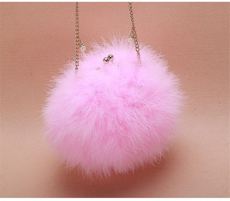 New Designer Fluffy Genuine Feather Clutch Fur Bag Round Chain Purse Multi-color