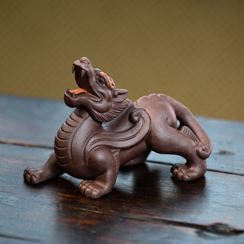 3.6" China Yixing Zisha Pottery Purple Clay Animal Wealth Pixiu Tea Pet Boy Gift
