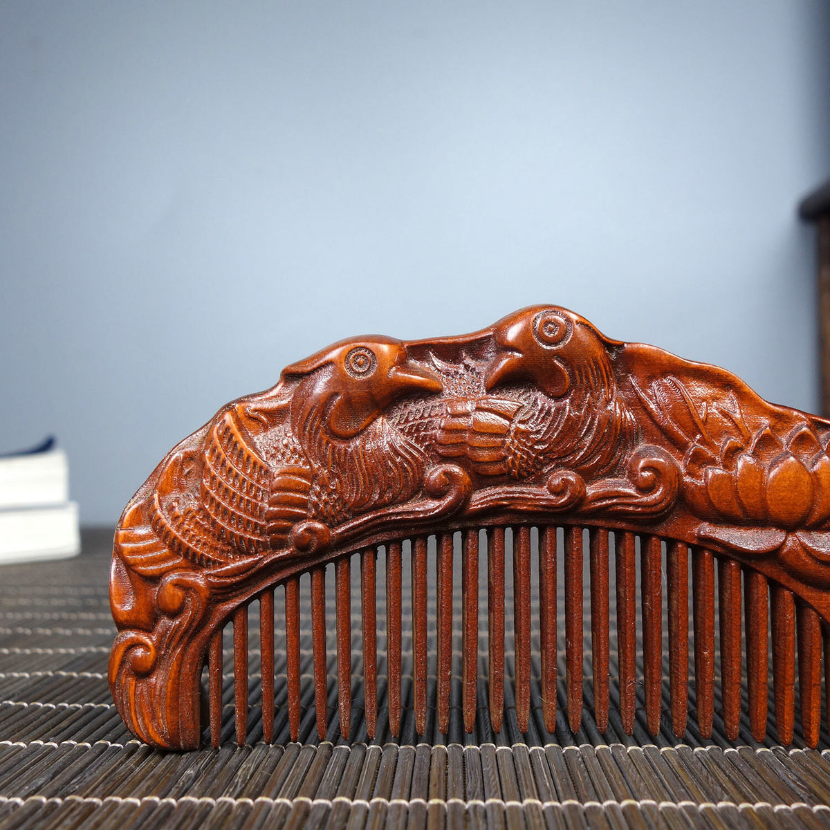 12cm Chinese Vintage Wood Carving Mandarin Duck Boxwood Comb Statue Nice Art