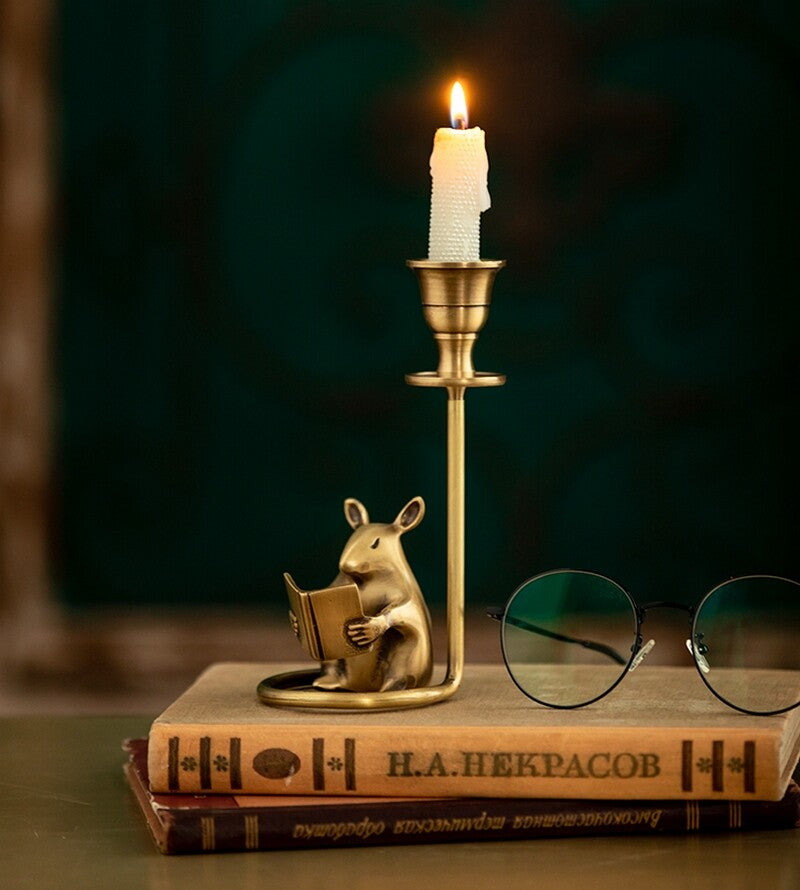 Brass Mouse Reading Book Candlestick Art Decor Style Candle Holder