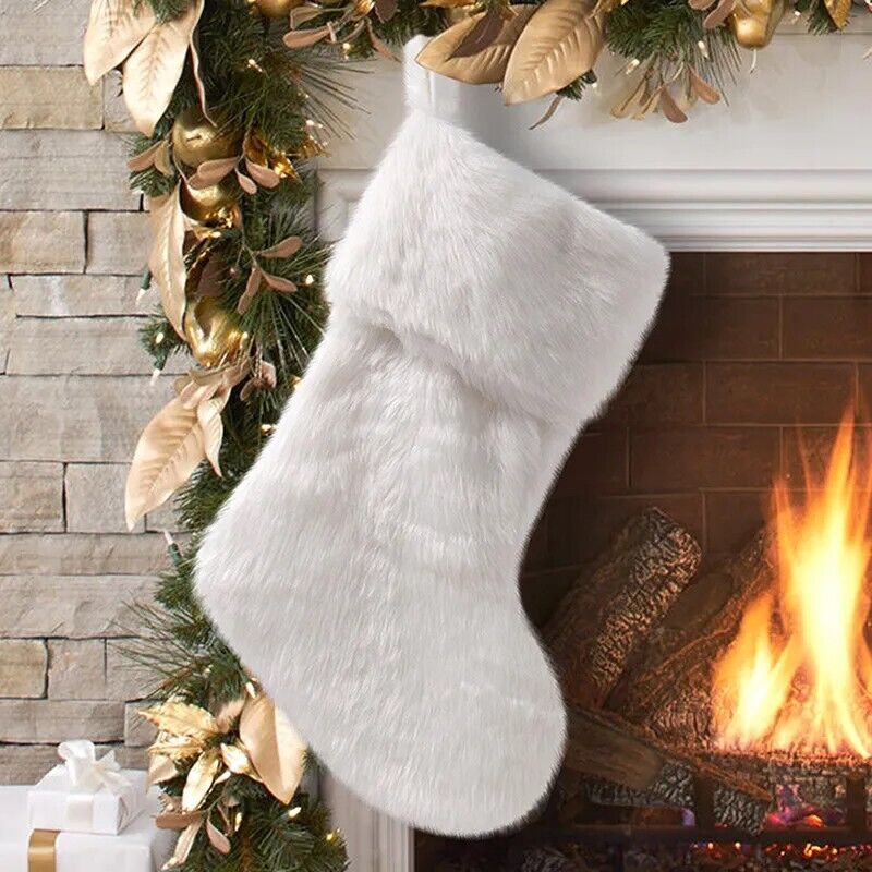 Christmas Decorations White Plush Stocking Gift Bags Fireplace Ornaments 47x27cm