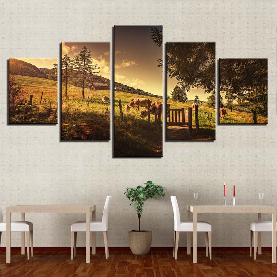 Herd Cow Ranch Cabin Pastoral Landscape 5 Panel Canvas Print Wall Art Home Deco