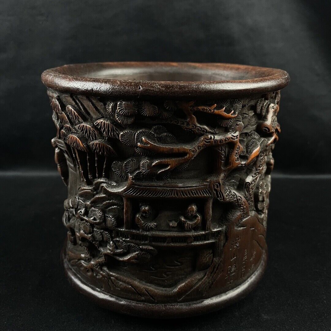 chinese bamboo carving antique carved brush pot Figurines wood statue pine money