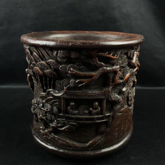 chinese bamboo carving antique carved brush pot Figurines wood statue pine money