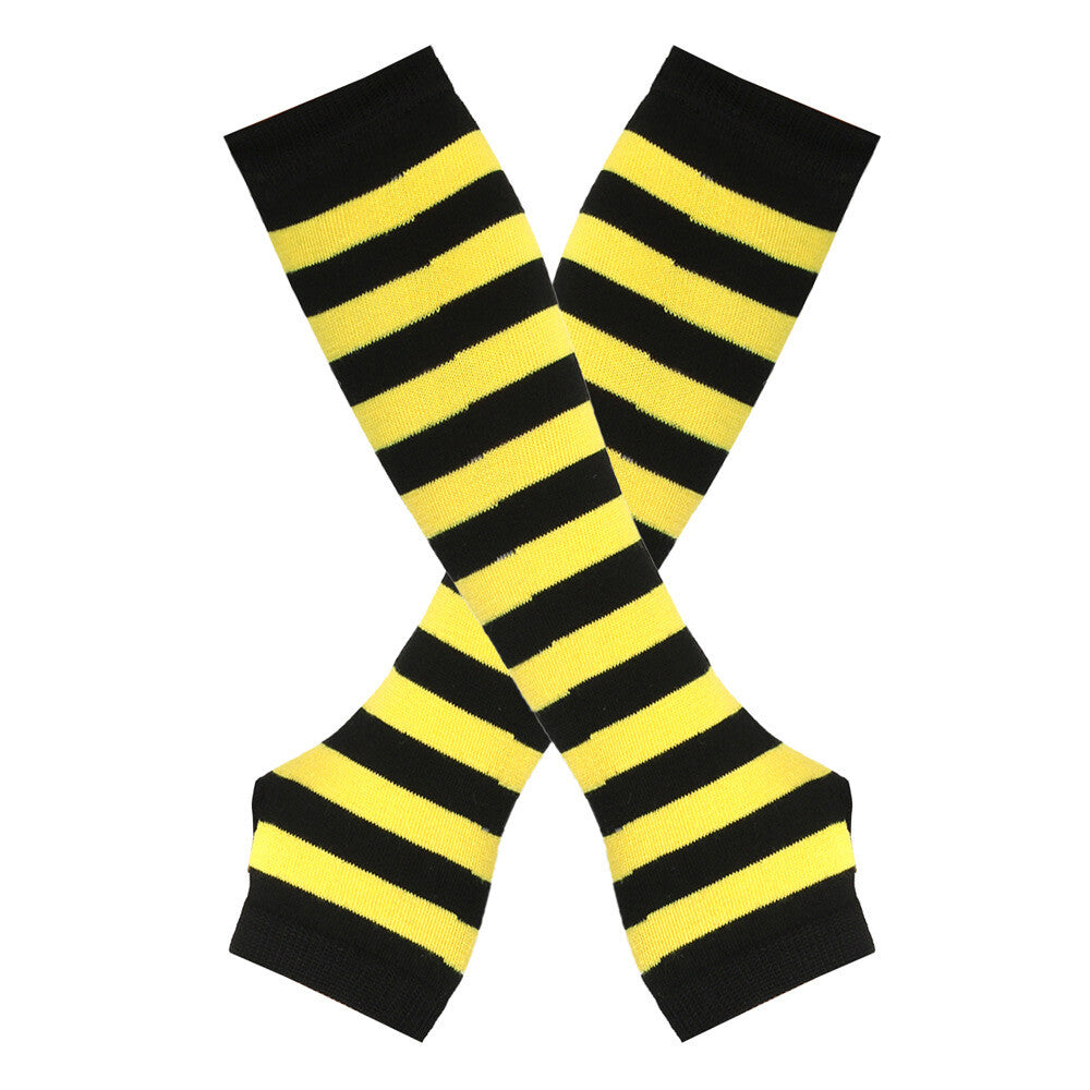 Women Striped Arm Sleeve Mittens Arm Hand Warmer Knitted Long Fingerless Gloves
