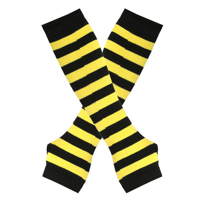 Women Striped Arm Sleeve Mittens Arm Hand Warmer Knitted Long Fingerless Gloves