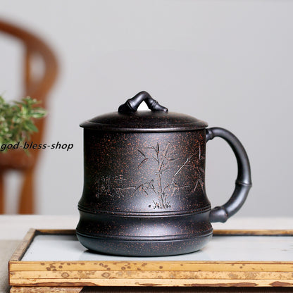 Real Authentic Yixing Zisha Purple Tea Cup Bamboo Carved Office Cup 380ml Mug
